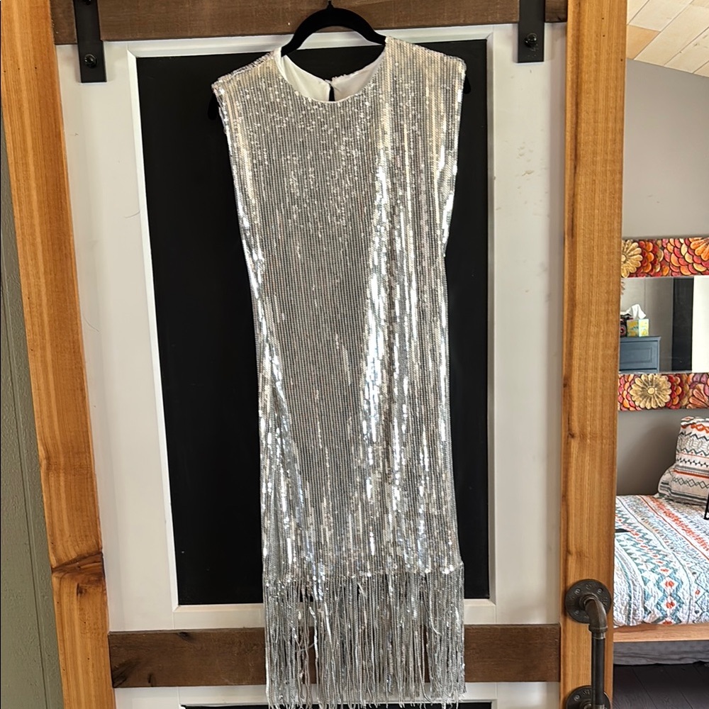 Silver Fringe Sequin Dress midi NEVER WORN fully lined